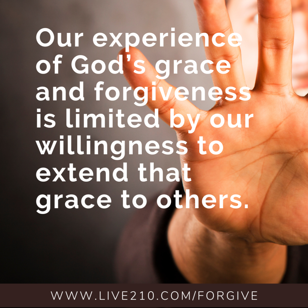 Picture of a man blocking his face with an open hand. Quote in white letters over the image: “Our experience of God’s grace and forgiveness is limited by our willingness to extend that grace to others.” www.Live210/forgive